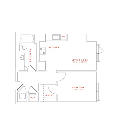 Floor plan for 1 bed, 1 bath, 680 sqft